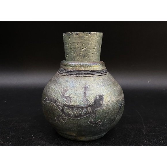 J. Diller Raku Southwestern Art Pottery Vase Jar Gecko Lizard Cork Stopper - Picture 1 of 9